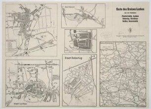 Plan von Finsterwalde, 1:10 000, Mehrfarbendruck, um 1935 : Plan der Stadt Finsterwalde. - Ca. 1:10 000. - Cottbus : Heine , [um 1935]. - 1 Kt. : Mehrfarbendr. ; 35 x 46 cm. Mit Suchnetz. - Mit Straßenverz. - Mit 7 Nebenkt. auf der Vorder- u. Rücks.: Kirchhain n. L. Stadt Golssen. Stadt Sonnewalde. Karte der Kreises Luckau. Stadt Doberlug. Stadt Luckau