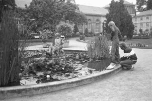 Seerosenteich mit Plastik "Kindergruppe mit Karpfen" im Botanischen Garten