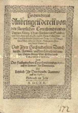 Briefwechsel zwischen den Ständen der Protestantischen Union und dem Herzog Maximilian I. von Bayern