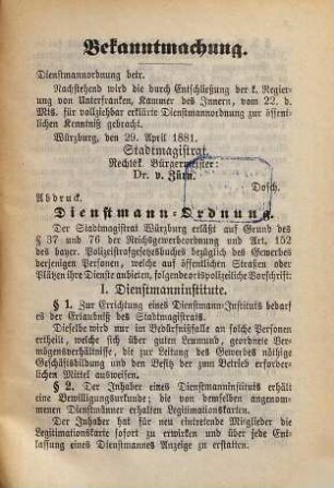 Dienstmann-Ordnung für die Stadt Würzburg : ortspolizeiliche Vorschrift vom 29. März 1881