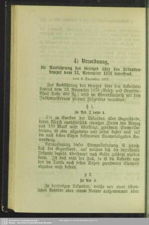 4. Verordnung, die Ausführung des Gesetzes über den Urkundenstempel vom 13. November 1876 betreffend, vom 6. December 1876