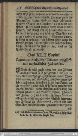 Das XLII. Capitel. Continuirter nützlicher Discours von glück- und unglücklicher Fieber-Cur