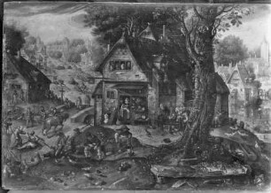 Dorfansicht mit zahlreichem Volk