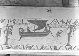 Der Teppich von Bayeux — 28. Szene: Ein englisches Schiff landet in der Normandie und bringt Herzog Wilhelm die Kunde von Harolds Krönung