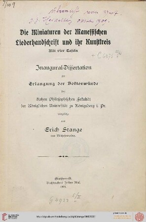 Die Miniaturen der Manessischen Liederhandschrift und ihr Kunstkreis (Königsberg, Univ., Diss.)