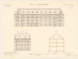 Kavallerie Kasernement, Danzig-Langfuhr Kammer- und Fahrzeuggebäude: Querschnitt, Giebel-Seitenansicht, 1:100