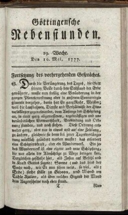 19. Woche. Den 10. Mai, 1777