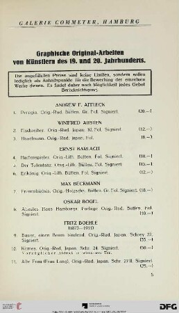 Graphische Original-Arbeiten von Künstlern des 19. und 20. Jahrhunderts (Nr. 1-449)