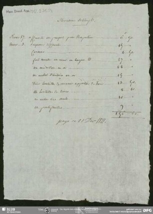 Rechnung von Unbekannt an August Wilhelm von Schlegel, o.O., 21.12.1811