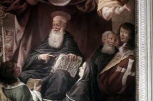 Der heilige Benedikt gibt die Ordensregel im Beisein des Papstes und des Kaisers