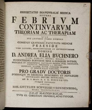 Dissertatio Inauguralis Medica Sistens Febrium Continuarum Theoriam Ac Therapiam