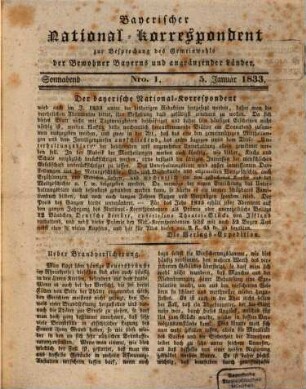 Bayerischer National-Korrespondent zur Besprechung des Gemeinwohls der Bewohner Bayerns und angränzender Länder. 1833, Nr. 1 - 26