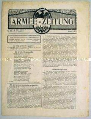 Nachrichtenblatt der 2. Armee "Armee-Zeitung" u.a. zur Kriegsfinanzierung