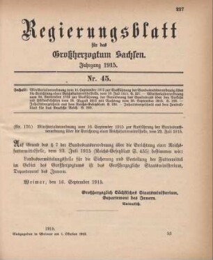 Nr. 170: Ministerialverordnung vom 16. September 1915 zur Ausführung der Bundesratsverordnung über die Errichtung einer Reichsfutterstelle, vom 23. Juli 1915