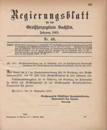 Nr. 170: Ministerialverordnung vom 16. September 1915 zur Ausführung der Bundesratsverordnung über die Errichtung einer Reichsfutterstelle, vom 23. Juli 1915