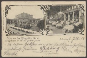 Ansichtskarte "Königgrätzer Garten" und Blick auf den Anhalter Bahnhof [1/2]