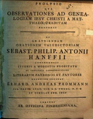 Prolusio, qua observationes ad genealogiam Jesu Christi, a Matthaeo traditam, proponit