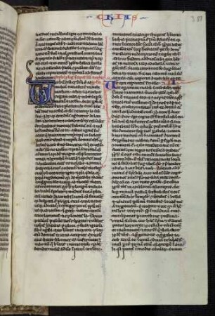 Historisierte Initiale (Buch Micha): V(erbum domini), Prophet Micha mit Baumeistergerät im Gespräch mit Gott. Profilblattranke als Ablaufmotiv.