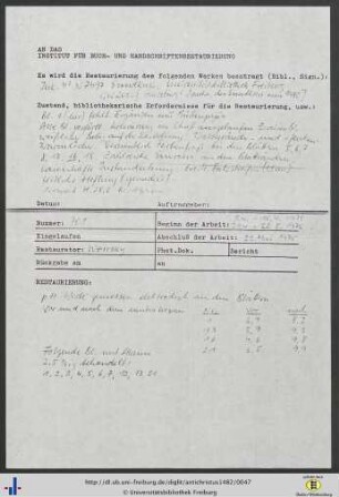 [Beiliegend] Angaben zur Buchrestaurierung im Jahre 1975.