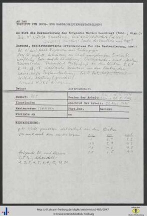 [Beiliegend] Angaben zur Buchrestaurierung im Jahre 1975.