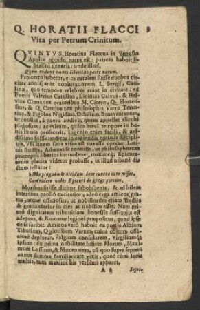 Q. Horatii Flacci Vita per Petrum Crinitum.