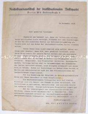 Offener Brief des Reichsfrauenausschusses der DNVP im Vorfeld der Wahlen zur Nationalversammlung