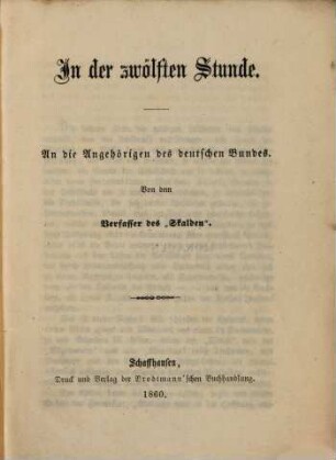 In der zwölften Stunde : An die Angehörigen des deutschen Bundes. Von dem Verfasser des "Skalden"