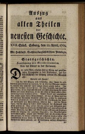 XVII. Stück. Coburg, den 22. April, 1761.