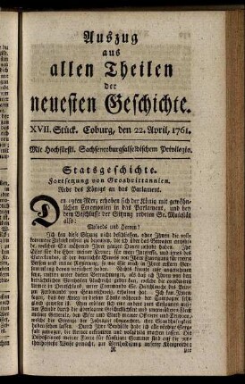 XVII. Stück. Coburg, den 22. April, 1761.