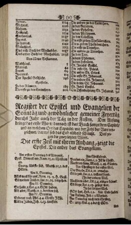 Register der Epistel und Evangelien der Sonntag und gewöhnlicher gemeiner Feyertäg durchs Jahr und Täg in der Fasten. ...