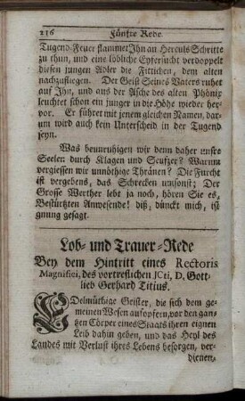 Lob- und Trauer-Rede Bey dem Hintritt eines Rectoris Magnifici,...