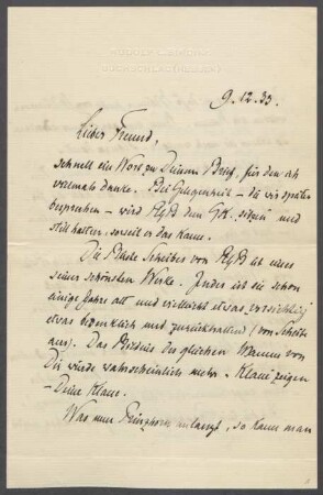 Brief von Rudolf G. Binding an Georg Kolbe
