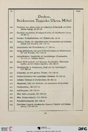 Decken, Stickereien, Teppiche, Möbel, Uhren (Nr. 318-395)