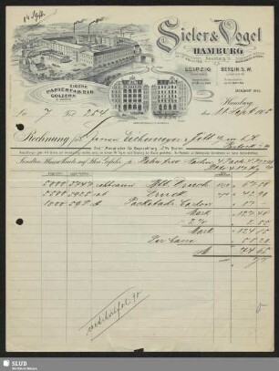 Sieler & Vogel, Hamburg, Leipzig, Berlin S. W. : Rechnung