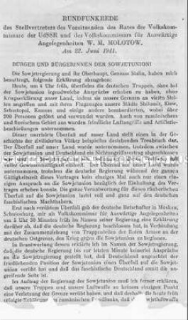 Sowjetisches Abwurf-Flugblatt mit dem Wortlaut der Rundfunkrede von Molotow nach dem Überfall auf die Sowjetunion