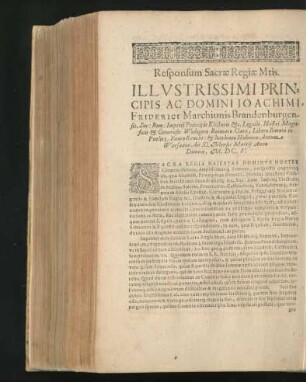 Responsum Sacrae Regiae Mtis. ... Principis ac Domini Ioachimi Friderici Marchionis Brandenb ... Anno MDCV.