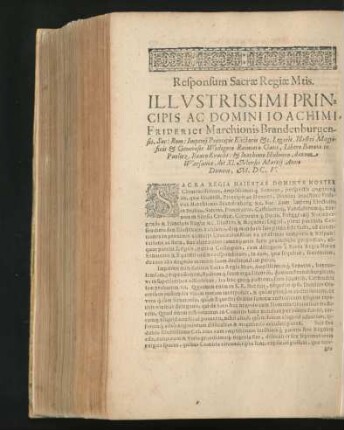 Responsum Sacrae Regiae Mtis. ... Principis ac Domini Ioachimi Friderici Marchionis Brandenb ... Anno MDCV.