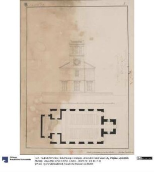 Schönberg in Belgien, ehemals Kreis Malmedy, Regierungsbezirk Aachen. Entwurf zu einer Kirche. Grundriss und Vorderansicht mit Turm