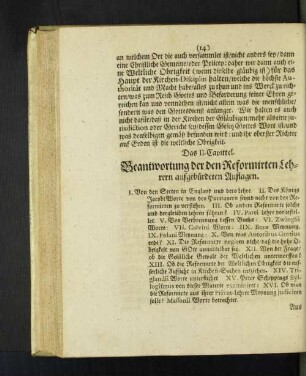 Das II. Capittel. Beantwortung der den Reformirten Lehrern ...