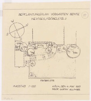 Gartenanlagen und Gärten Wohngebiet Burgfeld, Neviges: Bepflanzungsplan für den Vorgarten Bente, Fröbelstr. 3: Grundriss 1:100