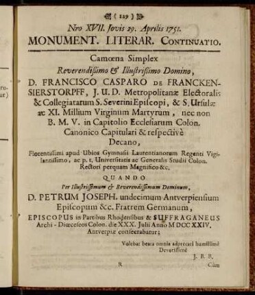 Nro XVII. Jovis 29. Aprilis 1751.