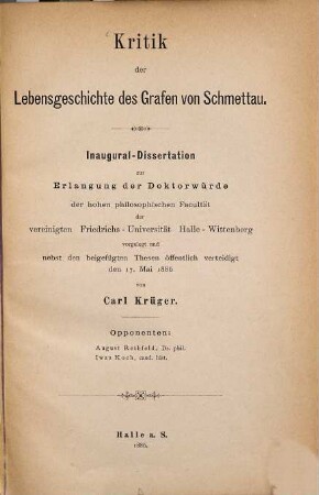 Kritik der Lebensgeschichte des Grafen von Schmettau : Inaugural-Dissertation
