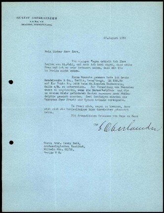 G. Oberlaender an G. Karo