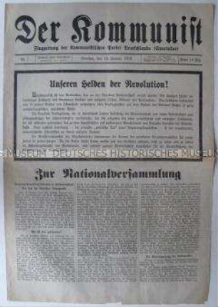 Wochenzeitung des Spartakus-Bundes "Der Kommunist" zur Wahl der Nationalversammlung