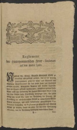 Reglement der Hinterpommerschen Feuer-Societaet auf dem platten Lande.