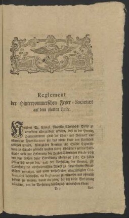 Reglement der Hinterpommerschen Feuer-Societaet auf dem platten Lande.