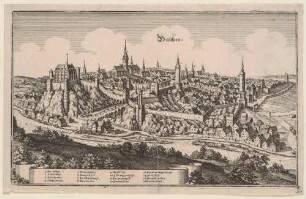 Stadtansicht von Bautzen in der Oberlausitz von Südwesten über die Spree aus leichter Vogelperspektive, aus Merians Topographia Superioris Saxoniae