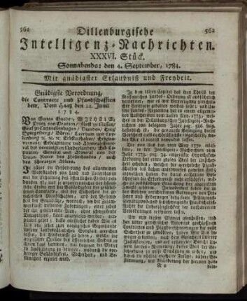 XXXVI. Stück. Sonnabends: den 4. September, 1784.