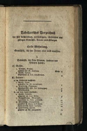 Tabellarisches Verzeichniß der hier beschriebenen, verdaechtigen, schaedlichen oder giftigen Gewaechse, Baeume und Pflanzen