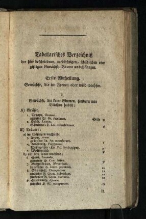 Tabellarisches Verzeichniß der hier beschriebenen, verdaechtigen, schaedlichen oder giftigen Gewaechse, Baeume und Pflanzen